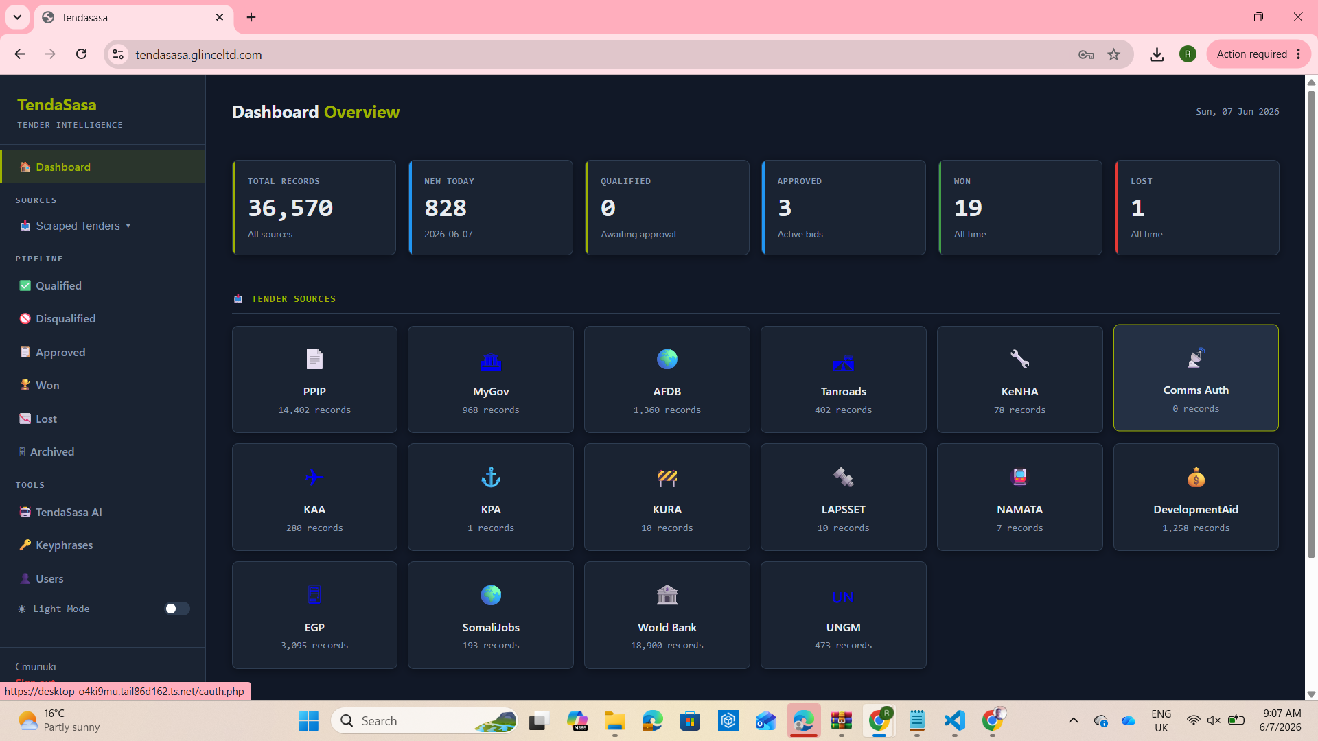 Tendasasa tender platform screenshot